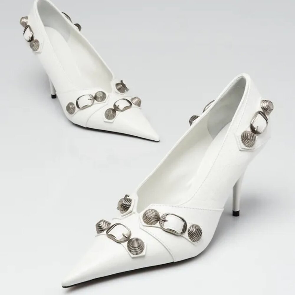 NWT Balenciaga Cagole Pointed Toe Pumps 90mm White Leather Stiletto Heels Sz 41 - Picture 2 of 9